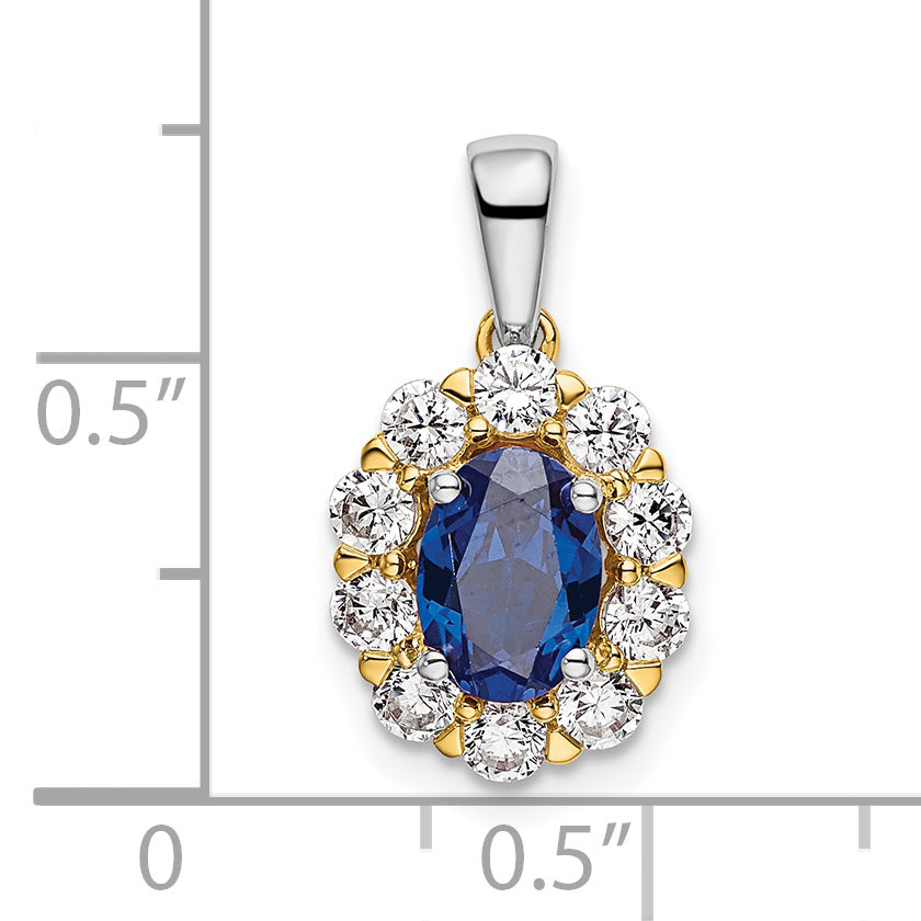 14k Two-Tone 1/2 carat Lab Grown Diamond VS/SI+ G+ and Lab Created Blue Sapphire Halo Pendant