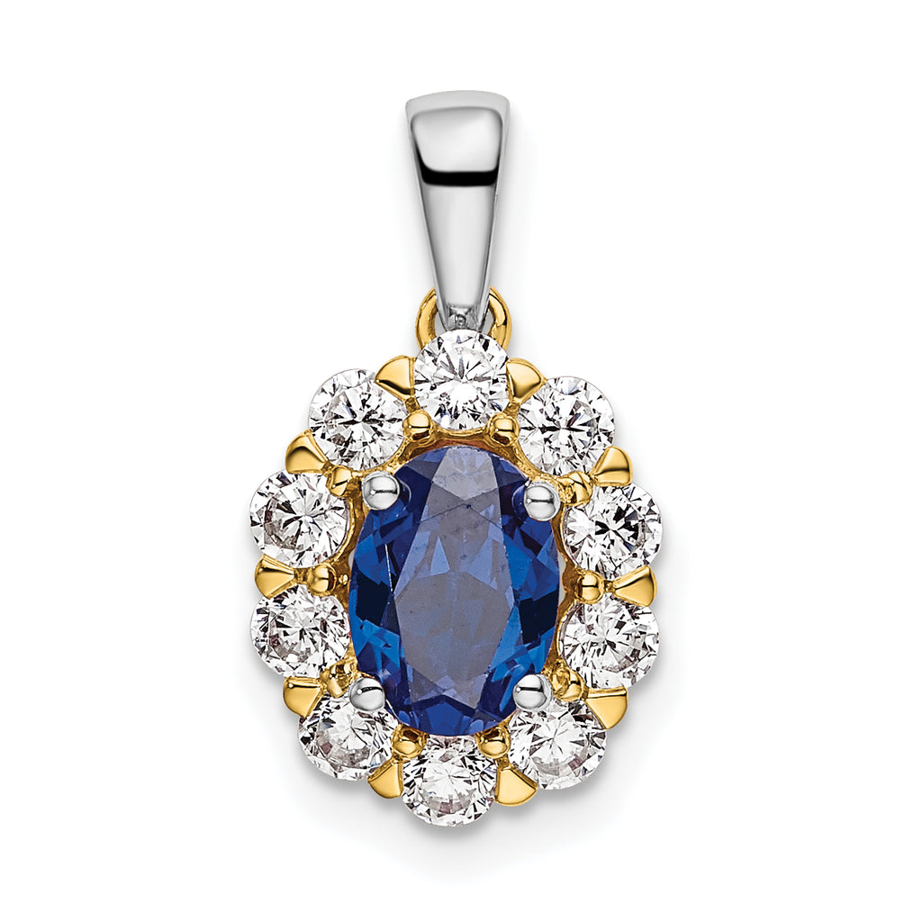 14k Two-Tone 1/2 carat Lab Grown Diamond VS/SI+ G+ and Lab Created Blue Sapphire Halo Pendant