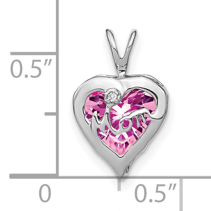 14k White Gold Creat. Pink Sapphire/Diamond MOM Heart Pendant