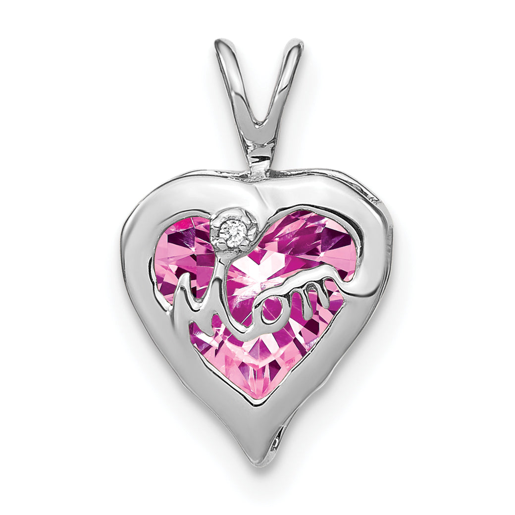 14k White Gold Creat. Pink Sapphire/Diamond MOM Heart Pendant Main image