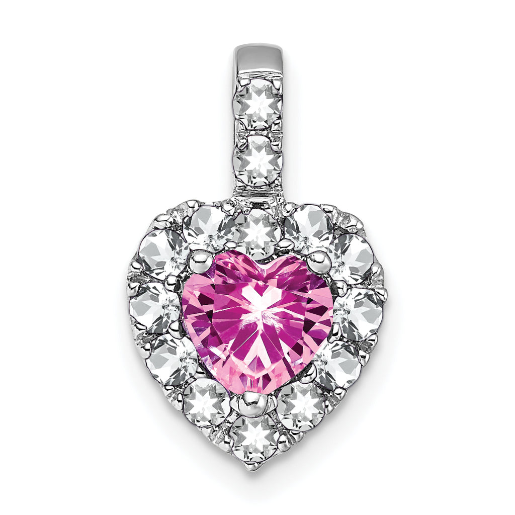 14k White Gold Creat. Pink Sapphire/White Topaz Halo Heart Pendant