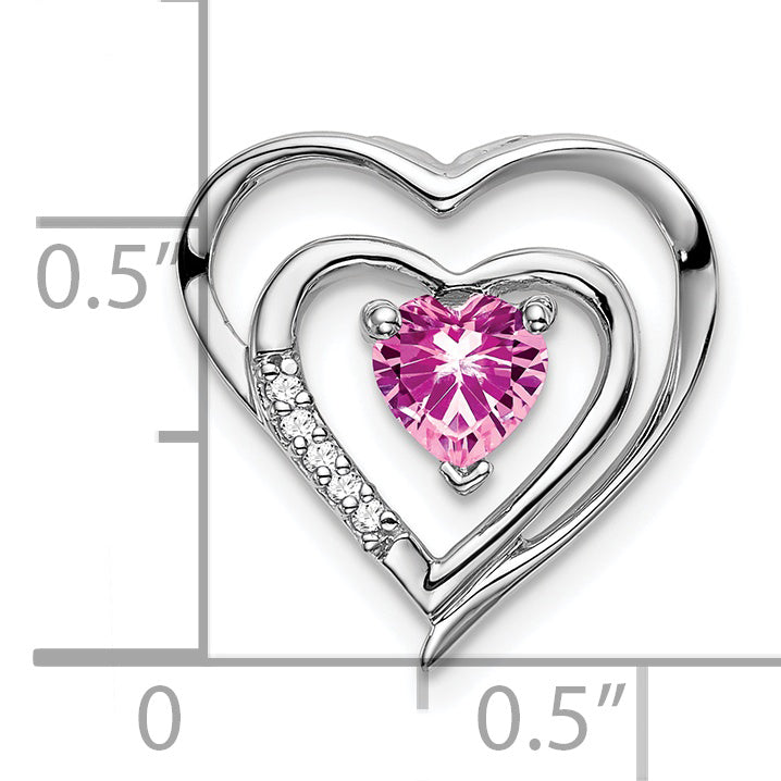 14k White Gold Created Pink Sapphire and Diamond Heart Pendant