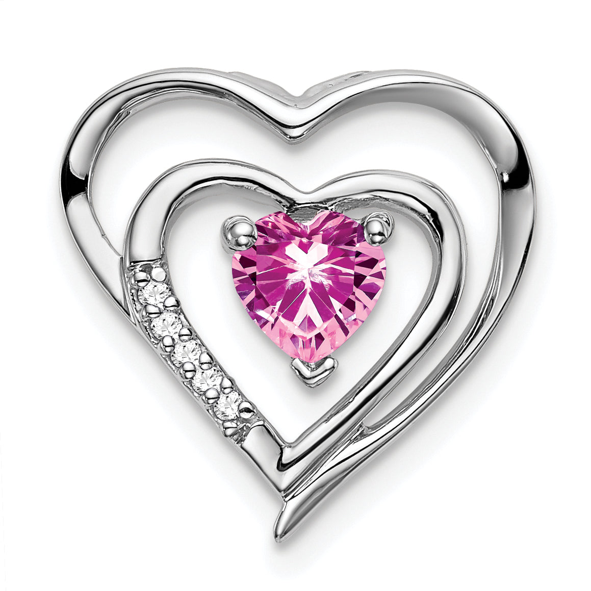 14k White Gold Created Pink Sapphire and Diamond Heart Pendant Main image