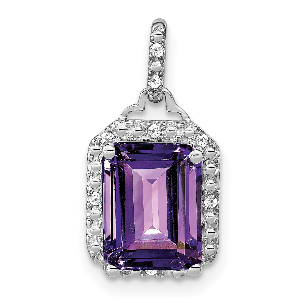 10k White Gold Emerald-cut Amethyst and Diamond Halo Pendant Main image