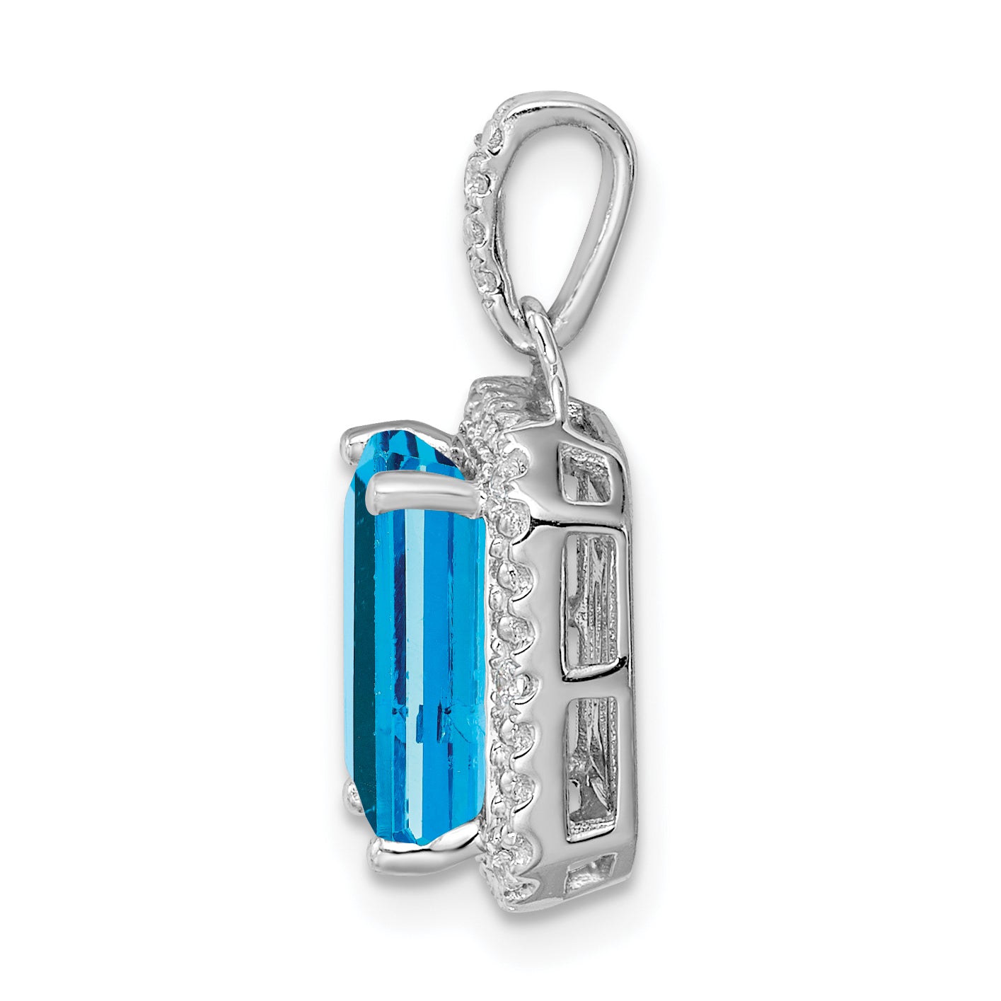 10k White Gold Emerald-cut Blue Topaz and Diamond Halo Pendant Secondary image