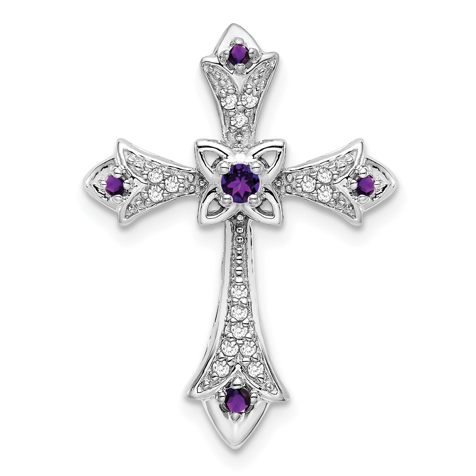 10k White Gold Amethyst and Diamond Fleur de Lis Cross Chain Slide Main image