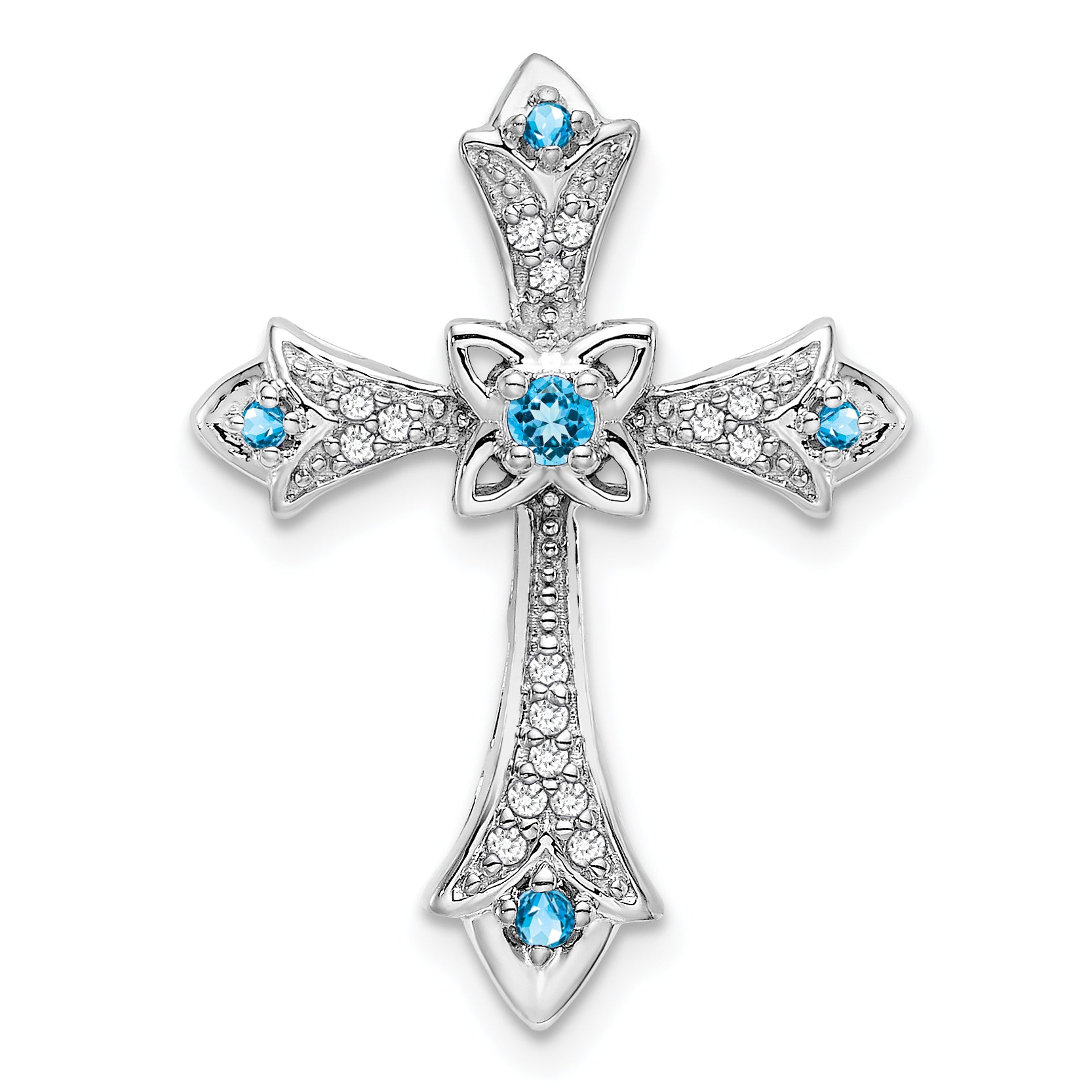 10K White Gold Blue Topaz and Diamond Fleur de Lis Cross Chain Slide Main image