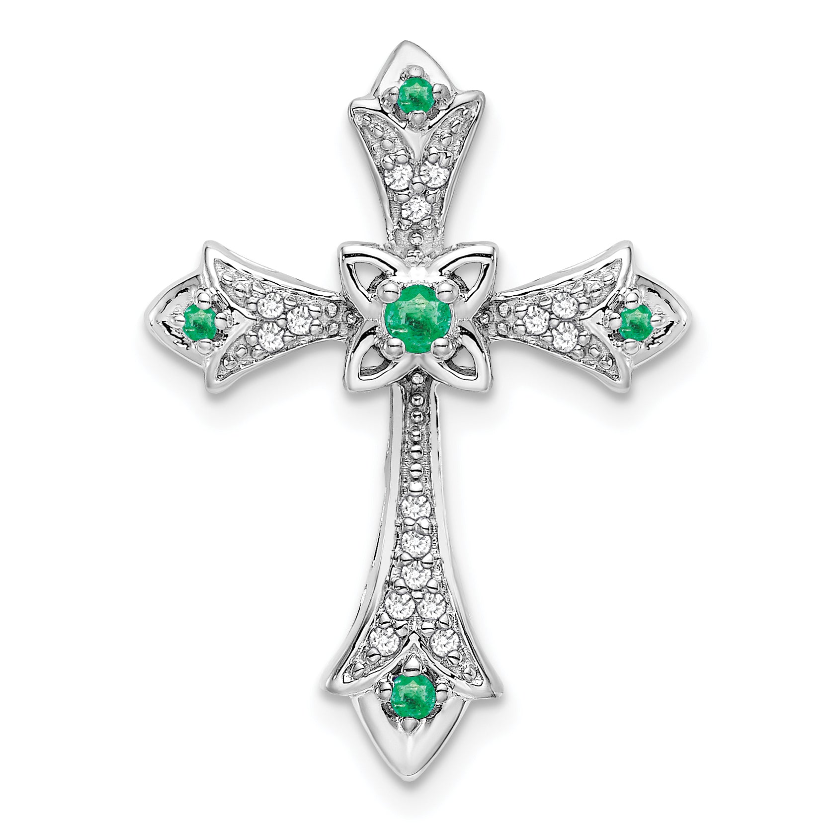10K White Gold Emerald and Diamond Fleur de Lis Cross Chain Slide Main image