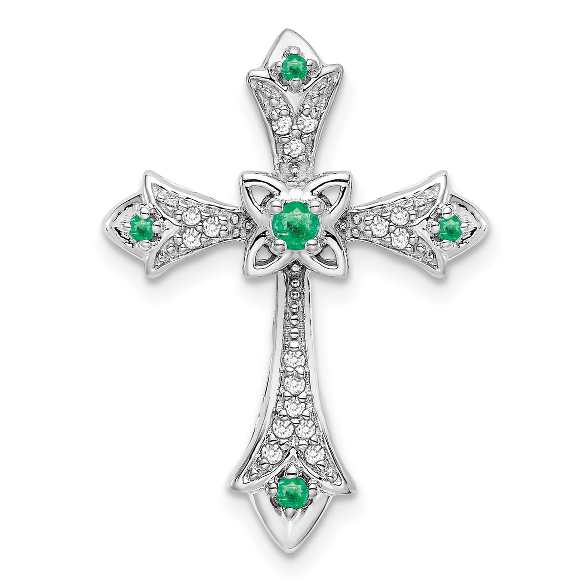 10K White Gold Emerald and Diamond Fleur de Lis Cross Chain Slide