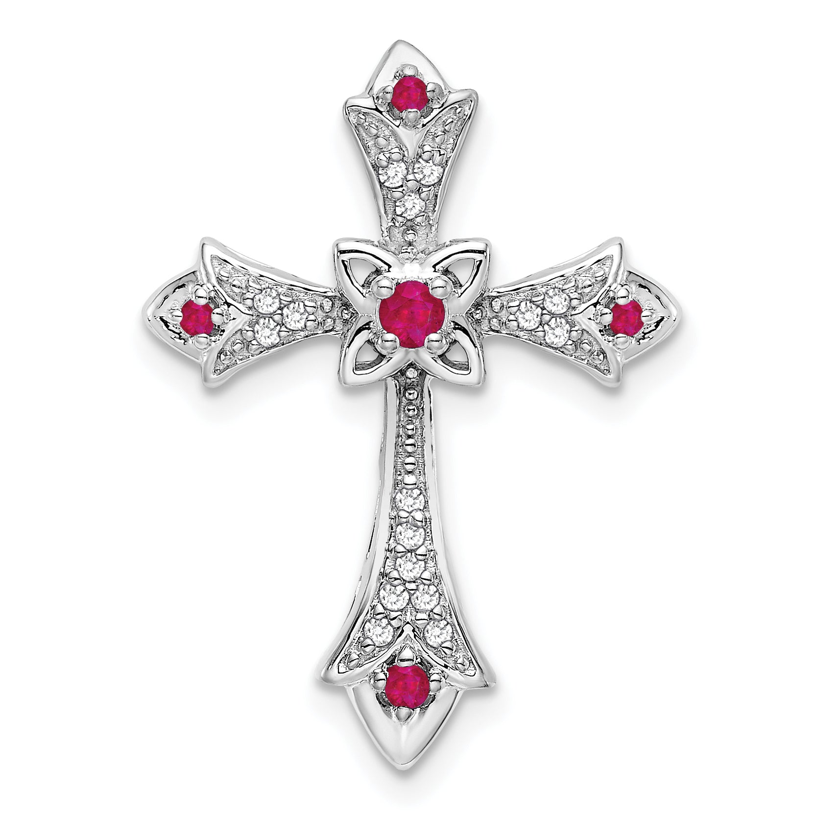 10K White Gold Ruby and Diamond Fleur de Lis Cross Chain Slide Main image