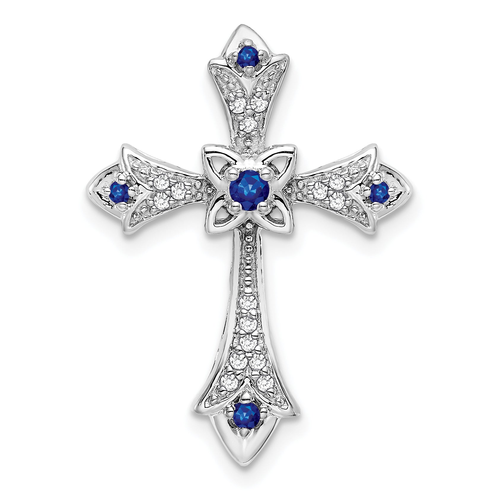 10K White Gold Sapphire and Diamond Fleur de Lis Cross Chain Slide Main image