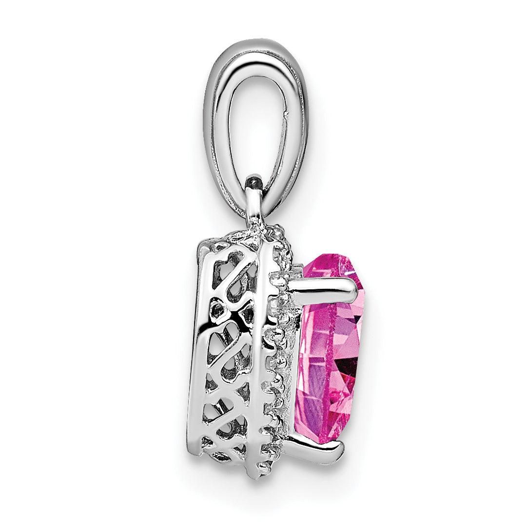 Sterling Silver Polished Diamond Rhod-plated Created Pink Sapphire/ Pendant