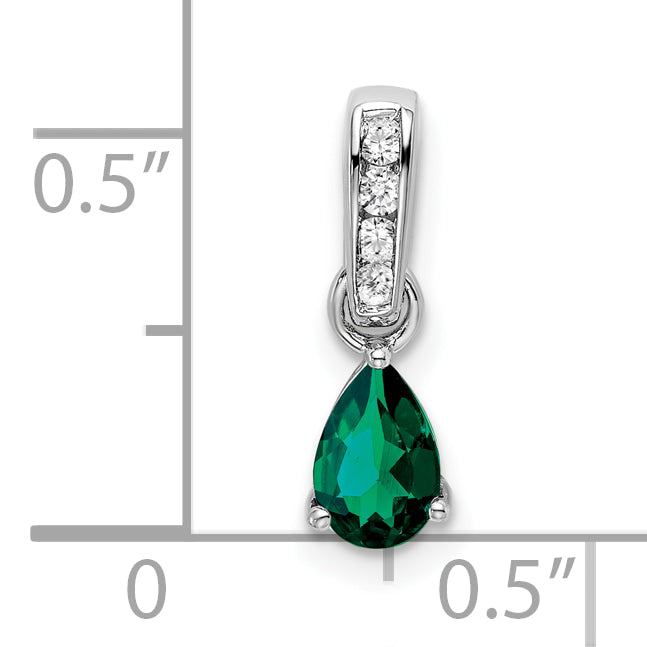 10k White Gold Pear Created Emerald and Diamond Pendant