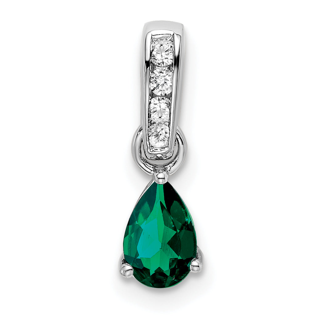 10k White Gold Pear Created Emerald and Diamond Pendant Main image