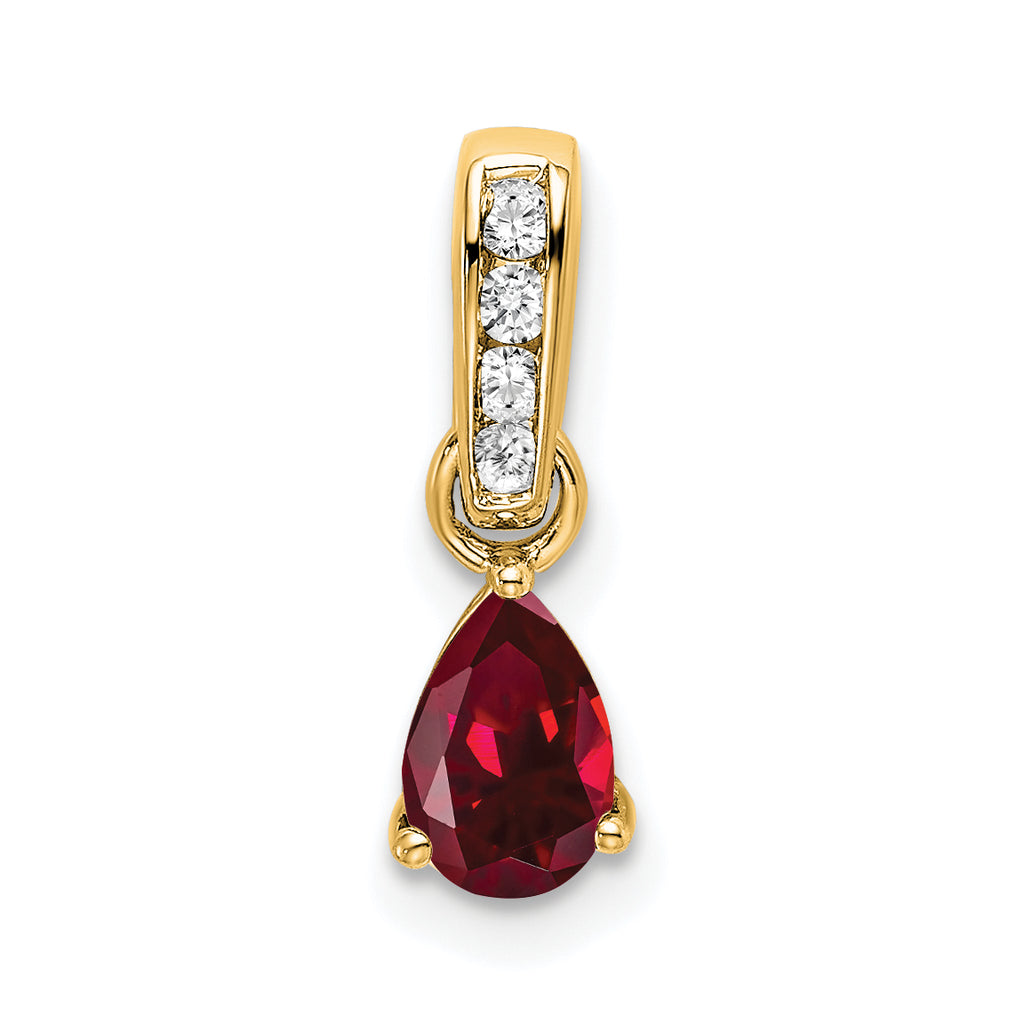 10k Yellow Gold Pear Created Ruby and Diamond Pendant