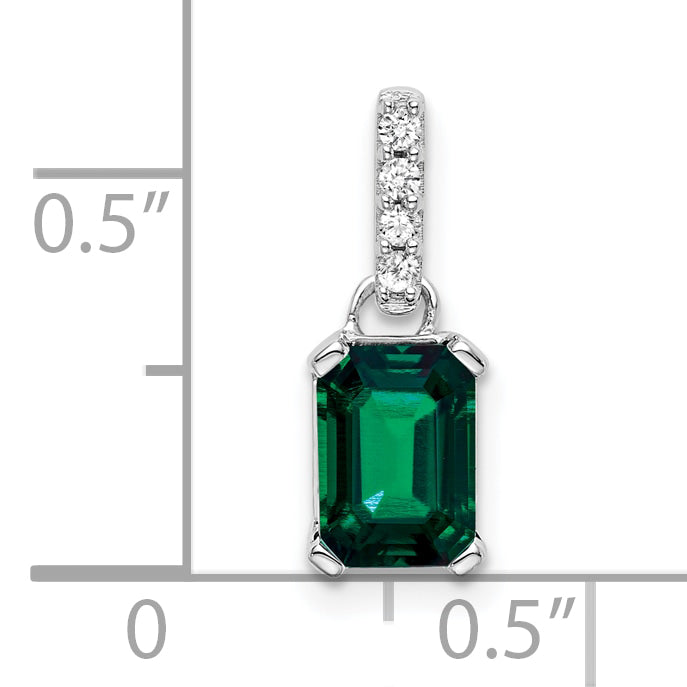 10k White Gold Created Emerald and Diamond Pendant
