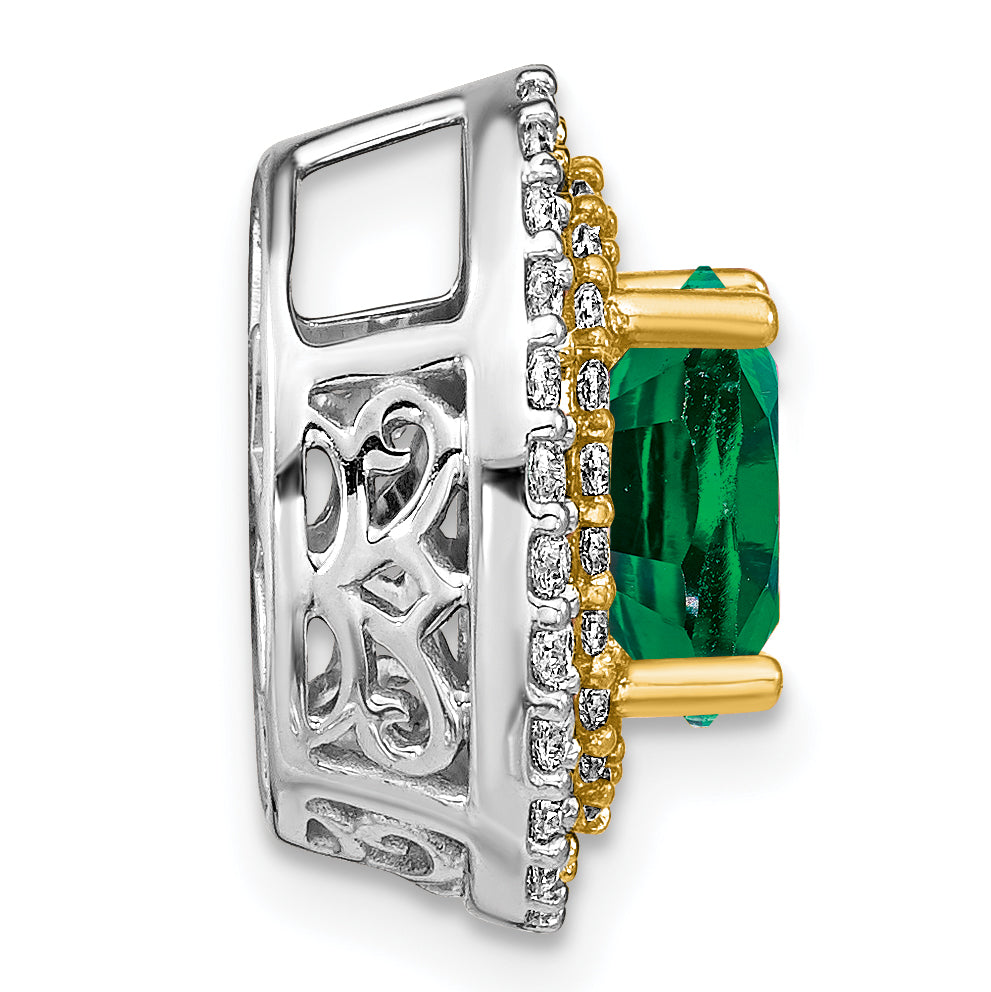 14k Two Tone 1/5 carat Lab Grown Diamond VS/SI+ G+ and Lab Created Emerald Chain Slide Pendant