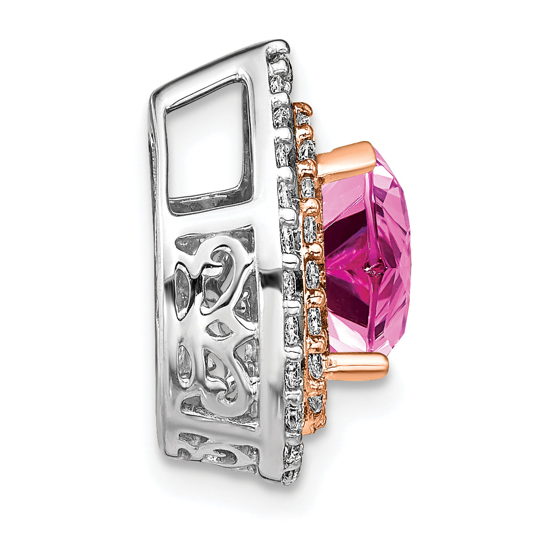 14k Two Tone Rose and White Gold 1/2 carat Lab Grown Diamond VS/SI+ G+ and Lab Created Pink Sapphire Chain Slide Pendant Secondary image