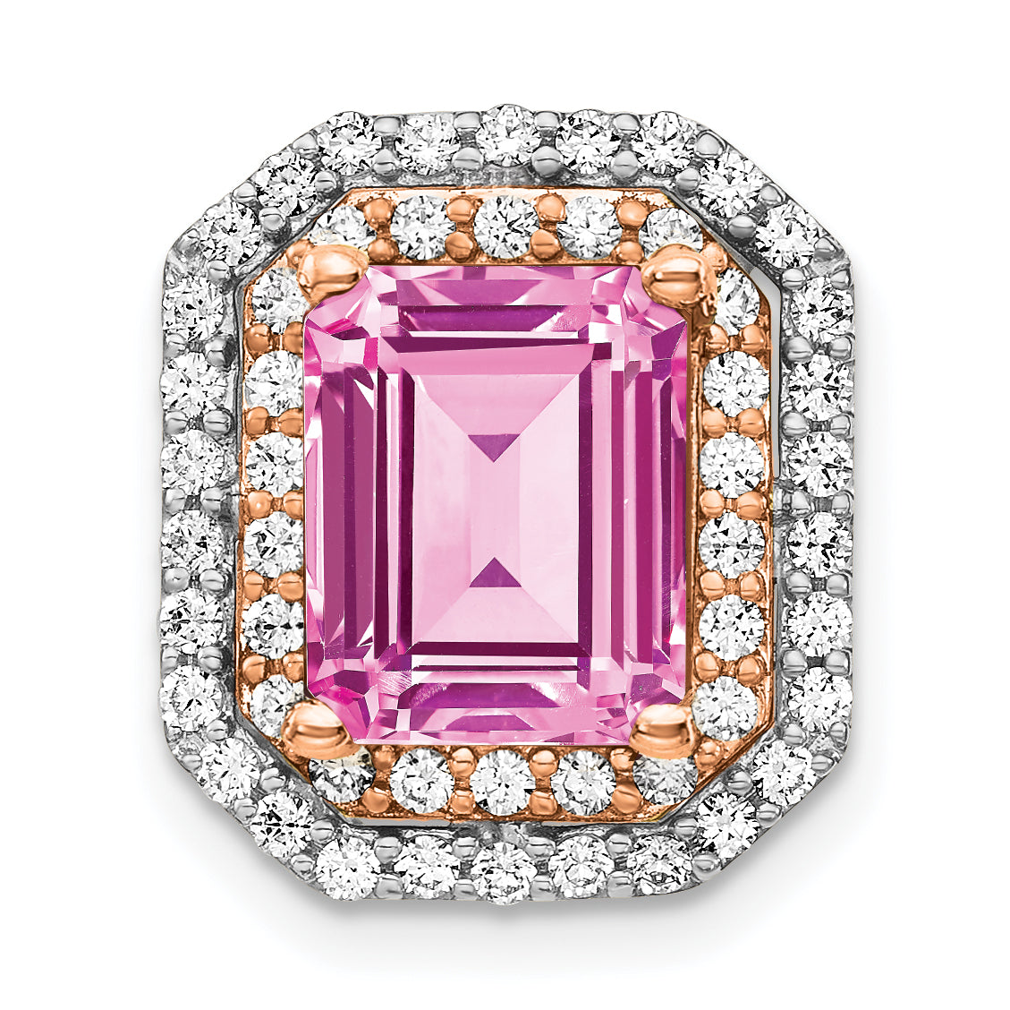 14k Two Tone Rose and White Gold 5/8 carat Lab Grown Diamond VS/SI+ G+ and Lab Created Pink Sapphire Complete Chain Slide Pendant Main image