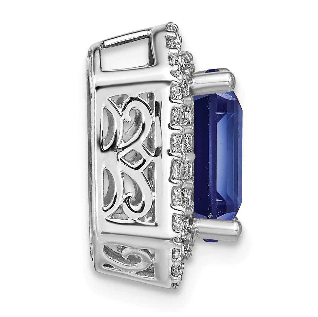 14k White Gold 5/8 carat Lab Grown Diamond VS/SI+ G+ and Lab Created Blue Sapphire Complete Chain Slide Pendant Secondary image