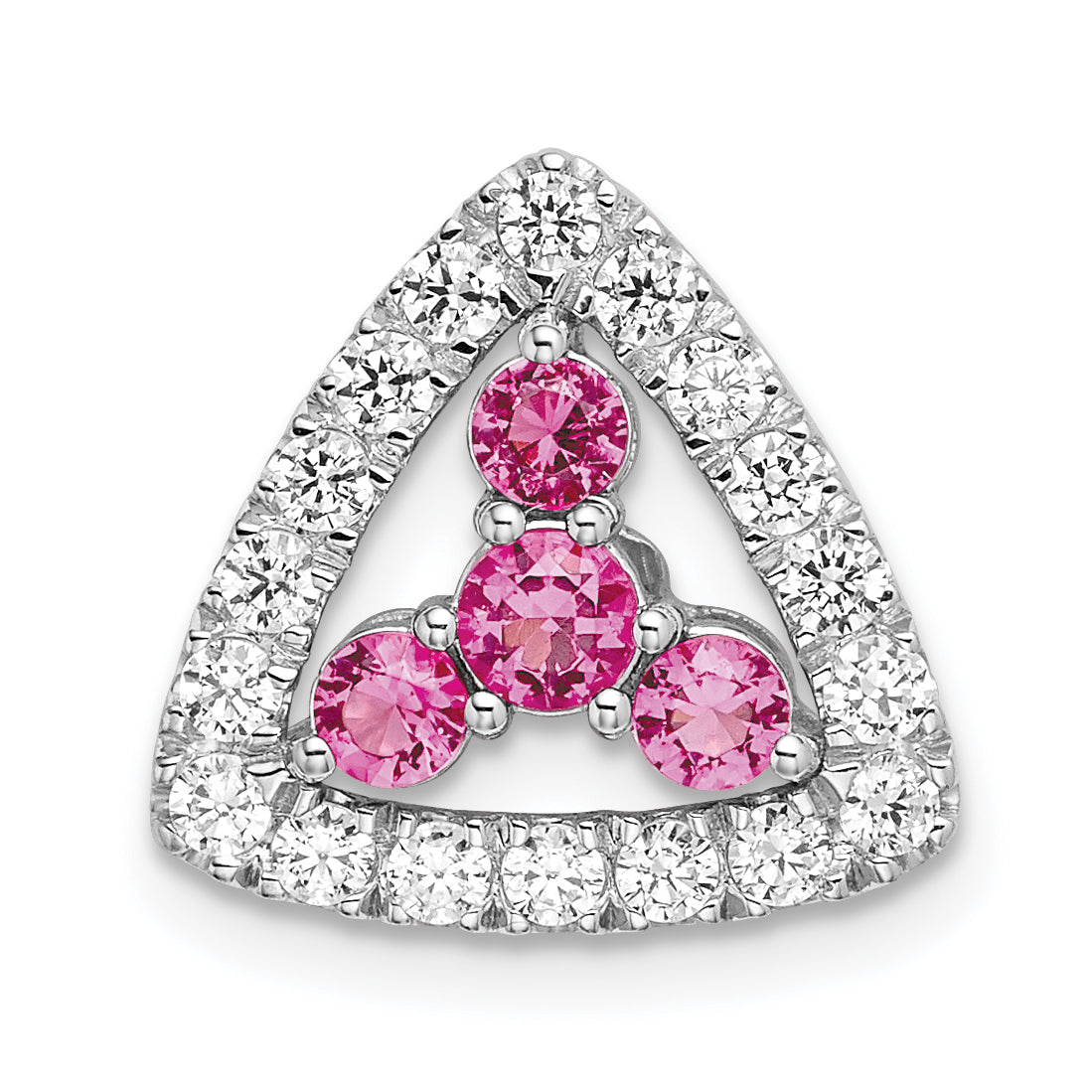 Pure Serenity 14k White Gold 3/8 carat Lab Grown Diamond VS/SI+ G+ and Lab Created Pink Sapphire Triangle Pendant