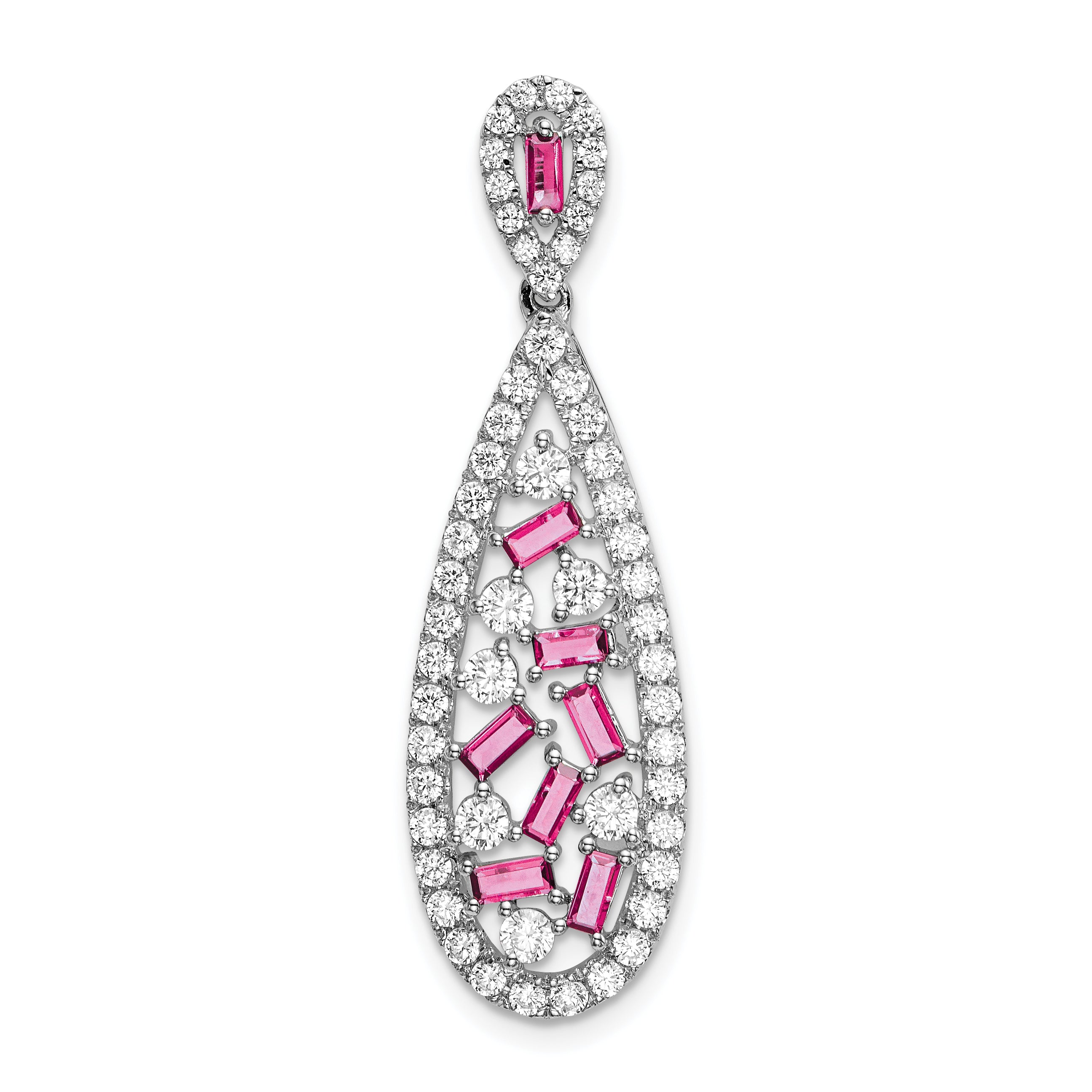 Pure Serenity 14k White Gold 7/8 carat Lab Grown Diamond VS/SI+ G+ and Lab Created Pink Sapphire Teardrop Dangle Pendant Main image