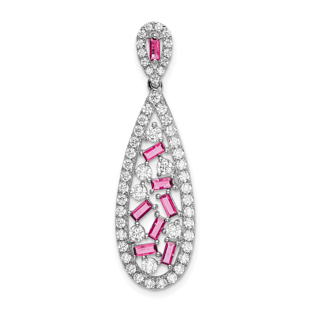Pure Serenity 14k White Gold 7/8 carat Lab Grown Diamond VS/SI+ G+ and Lab Created Pink Sapphire Teardrop Dangle Pendant