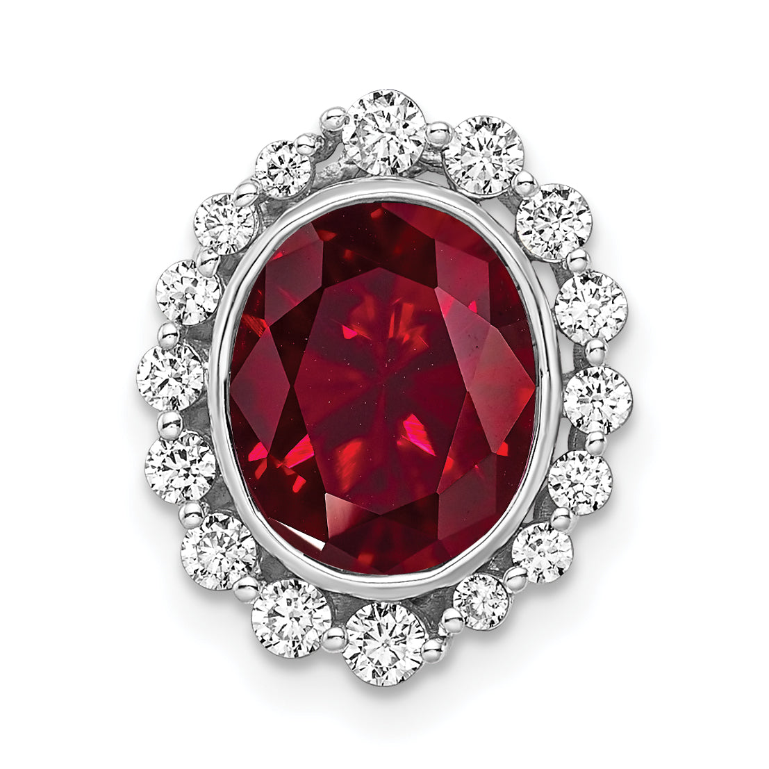 14k White Gold 1/2 carat Lab Grown Diamond VS/SI and Oval Lab Created Ruby Halo Chain Slide Pendant