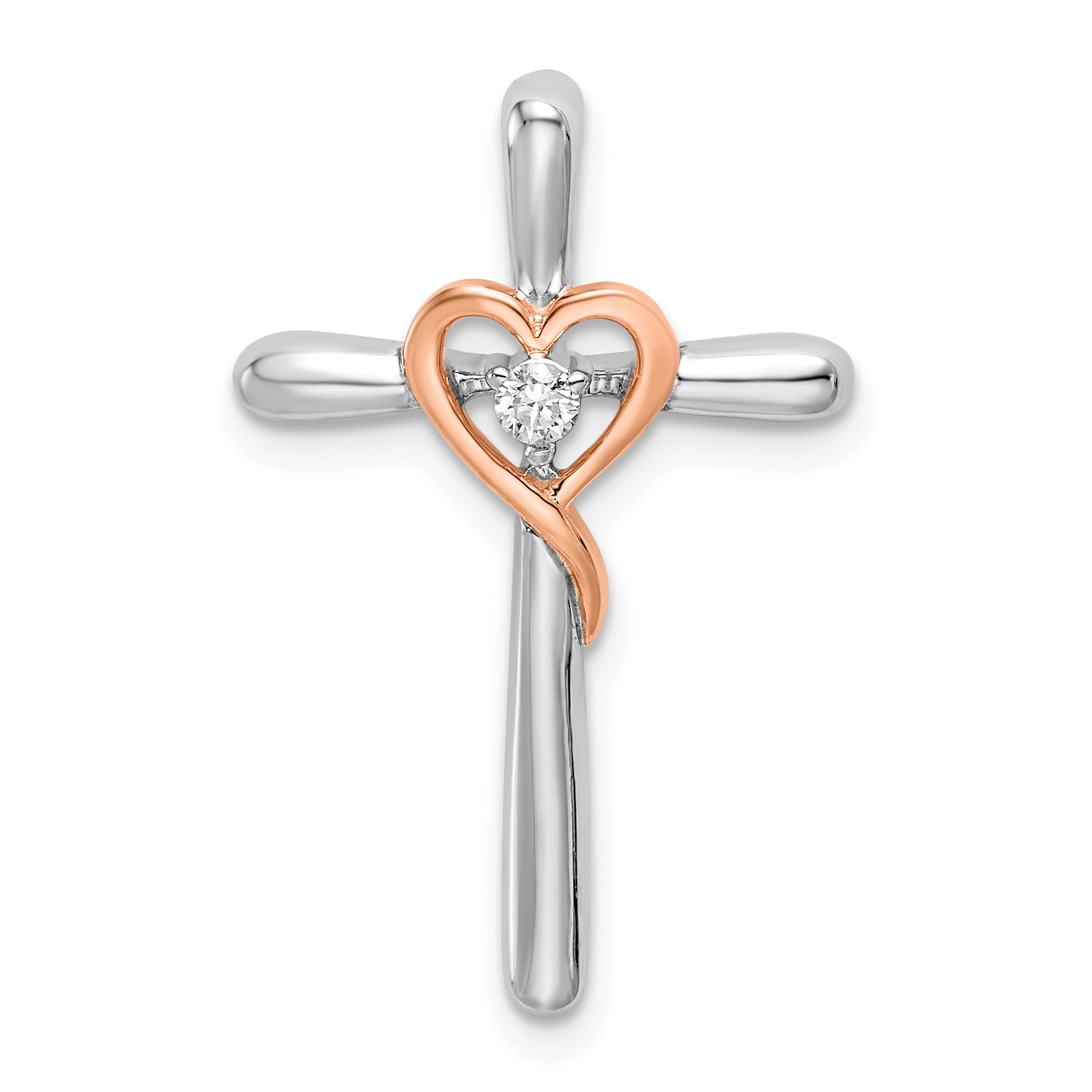 10K Two-tone White & Rose Cross w/Heart Diamond Chain Slide Main image
