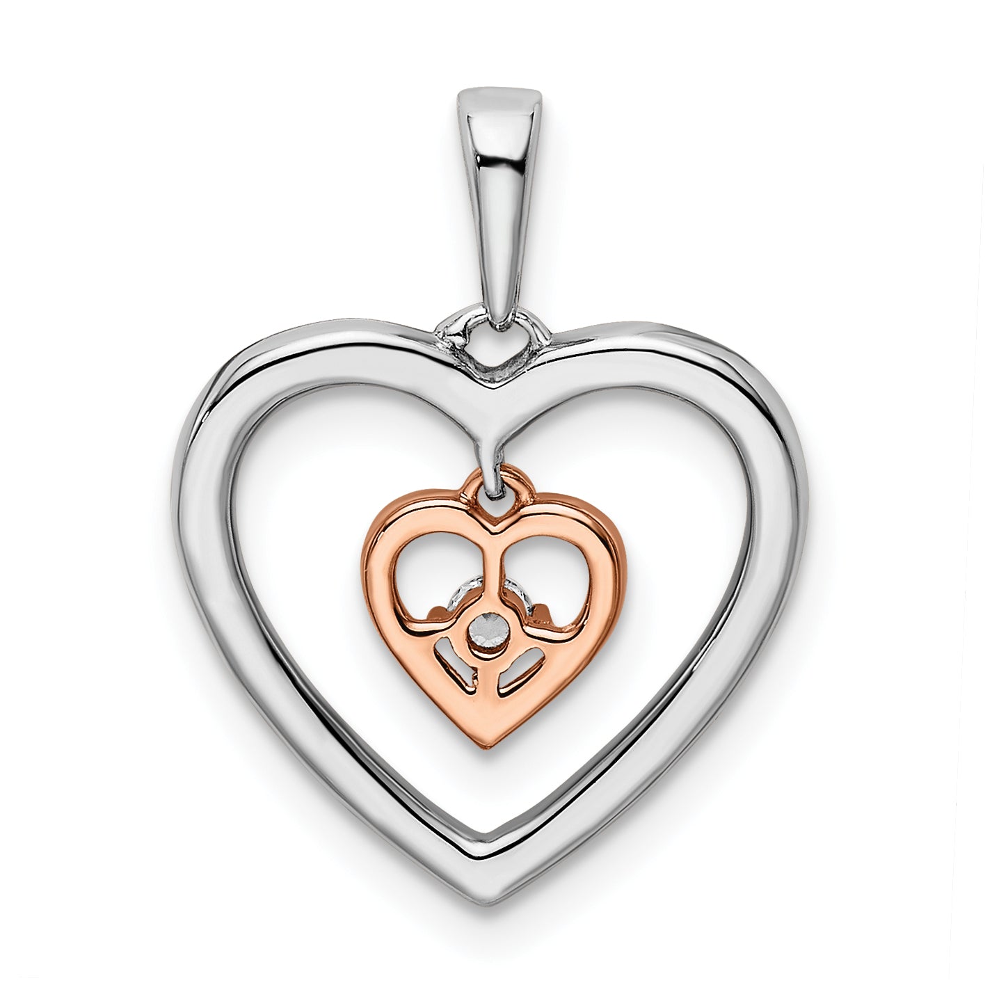 14k Two-tone White and Rose Double Heart Diamond Pendant