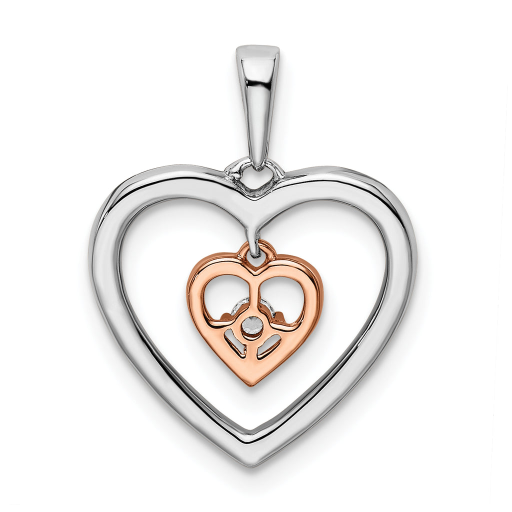 14k Two-tone White and Rose Double Heart Diamond Pendant
