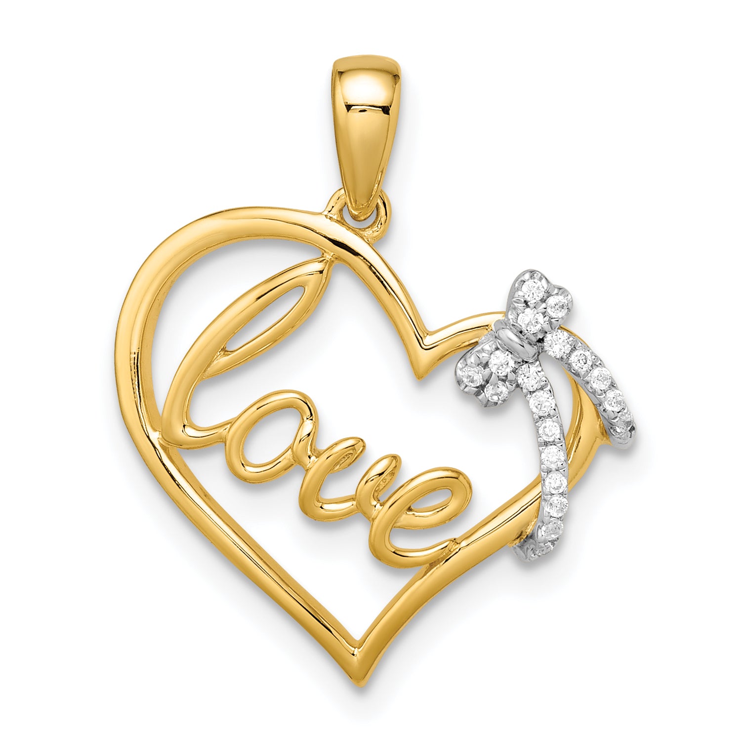 14k Two-tone Polished Heart with Bow Diamond Pendant Main image