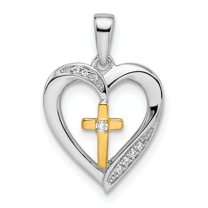 Heart with Cross Diamond Pendant in 14K Two-Tone Gold, 19mm (0.034 ct. tw.) - Sophia Jewelers