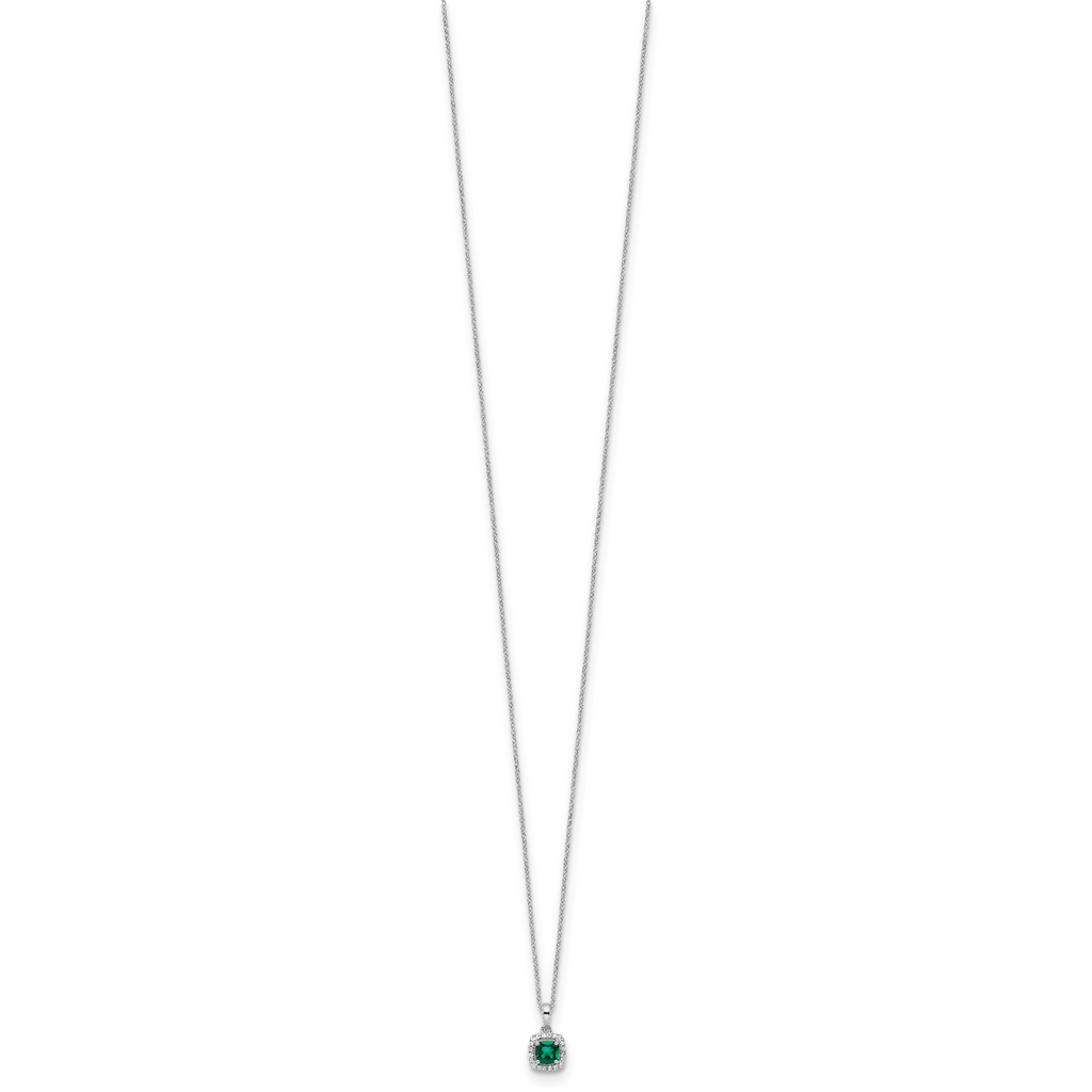 10k White Gold 1/10 carat Lab Grown Diamond VS/SI+ G+ and Created Emerald Complete 18 inch Pendant Necklace
