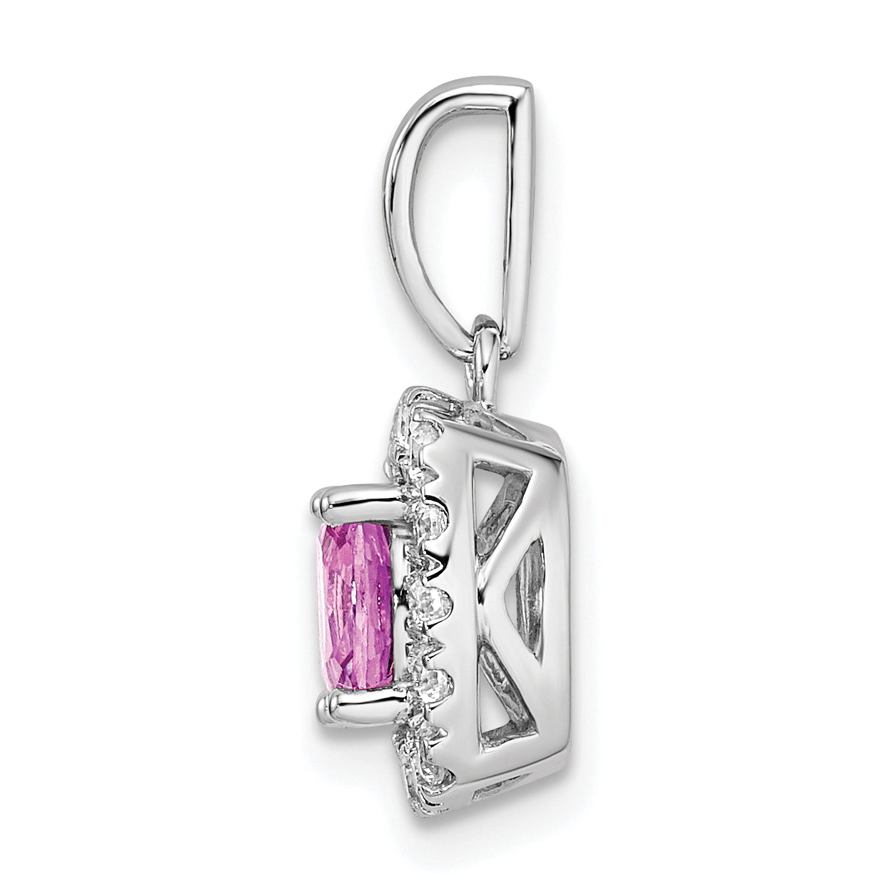 14k White Gold 1/4 carat Lab Grown Diamond VS/SI+ G+ October Birthstone Lab Created Pink Sapphire Halo Pendant Secondary image