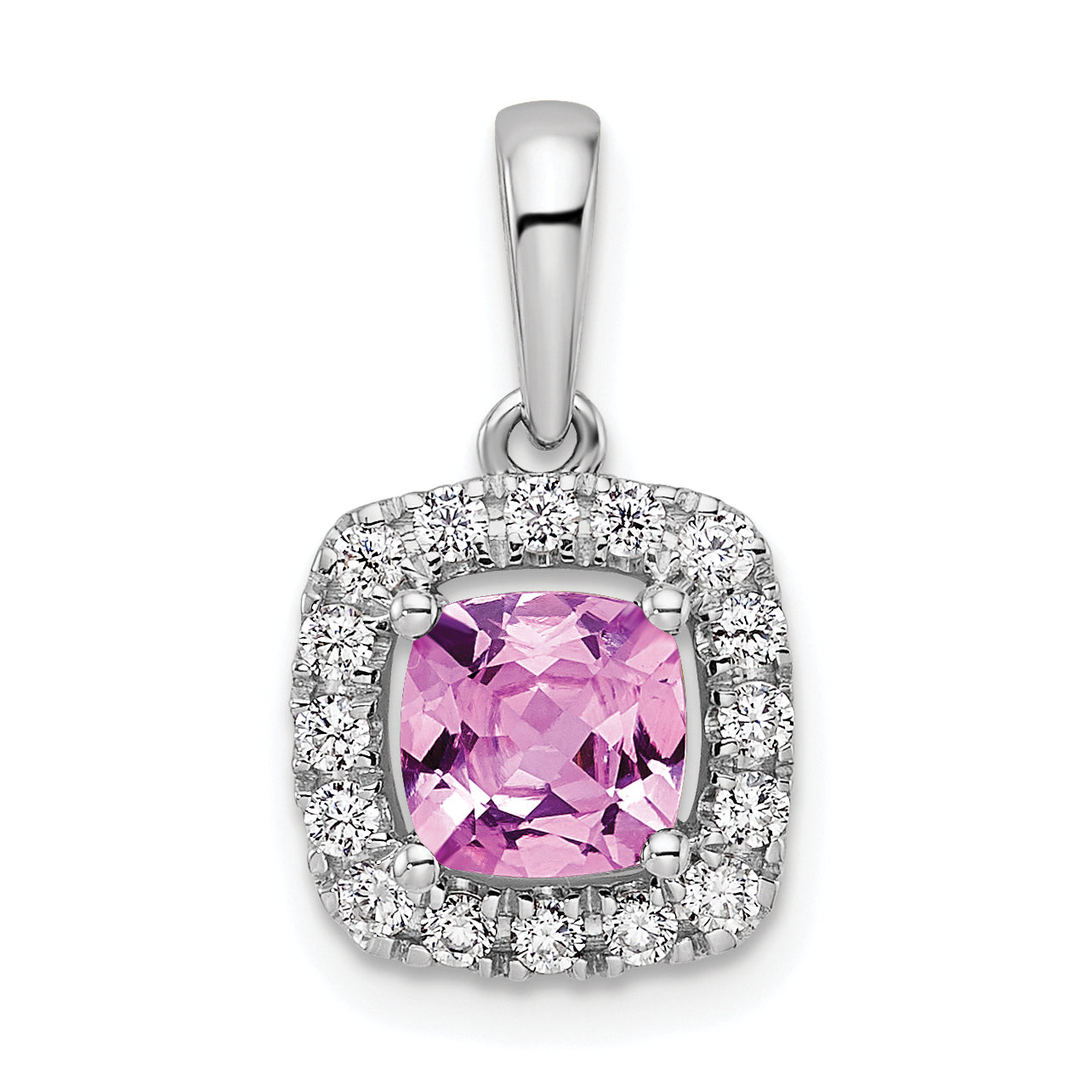 14k White Gold 1/4 carat Lab Grown Diamond VS/SI+ G+ October Birthstone Lab Created Pink Sapphire Halo Pendant Main image