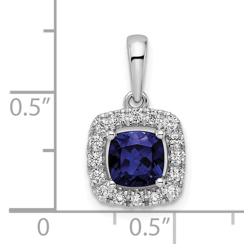 14k White Gold 1/4 carat Lab Grown Diamond VS/SI+ G+ September Birthstone Lab Created Blue Sapphire Halo Pendant