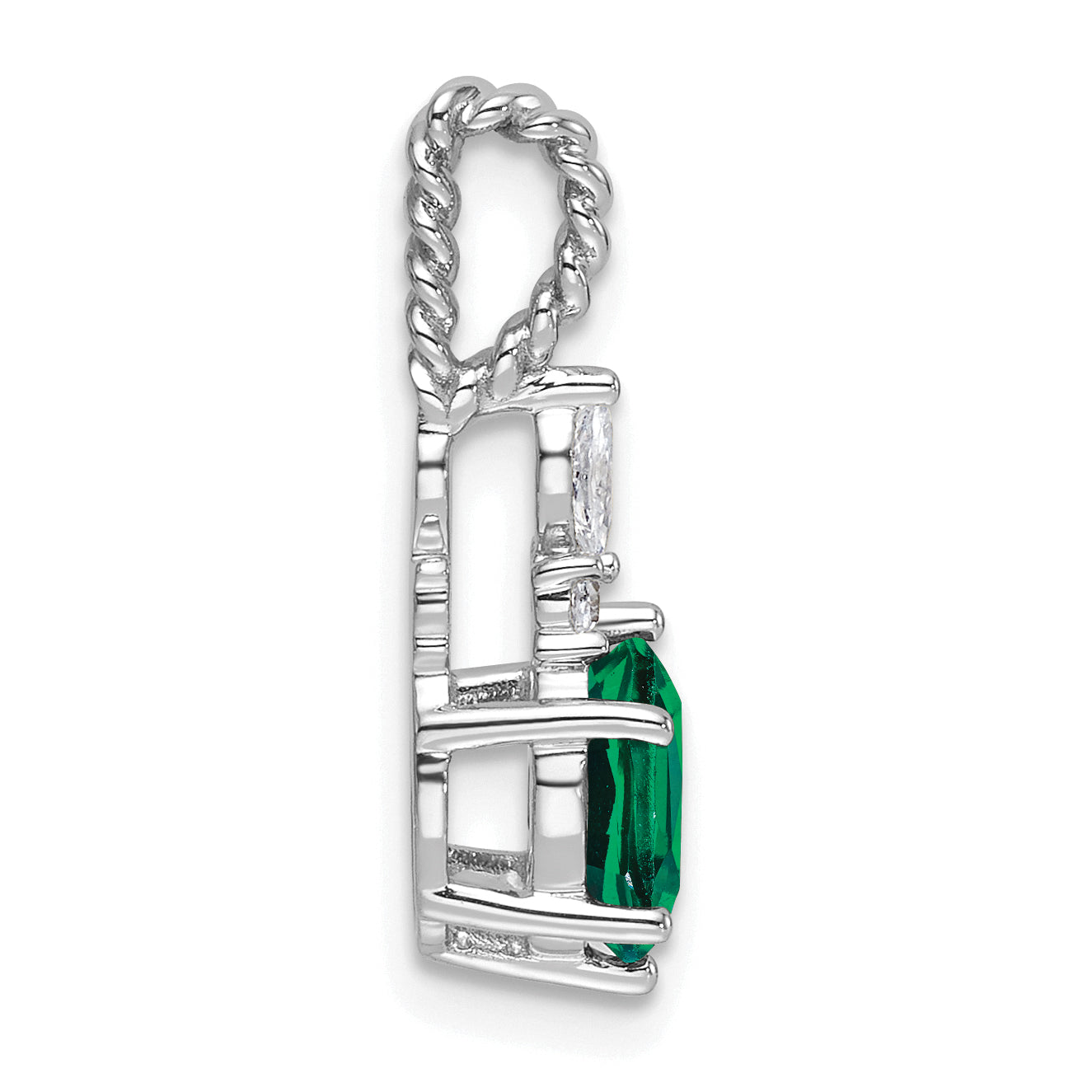 14K White Gold Polish Diamond and Lab Created Emerald Twisted Chain Slide