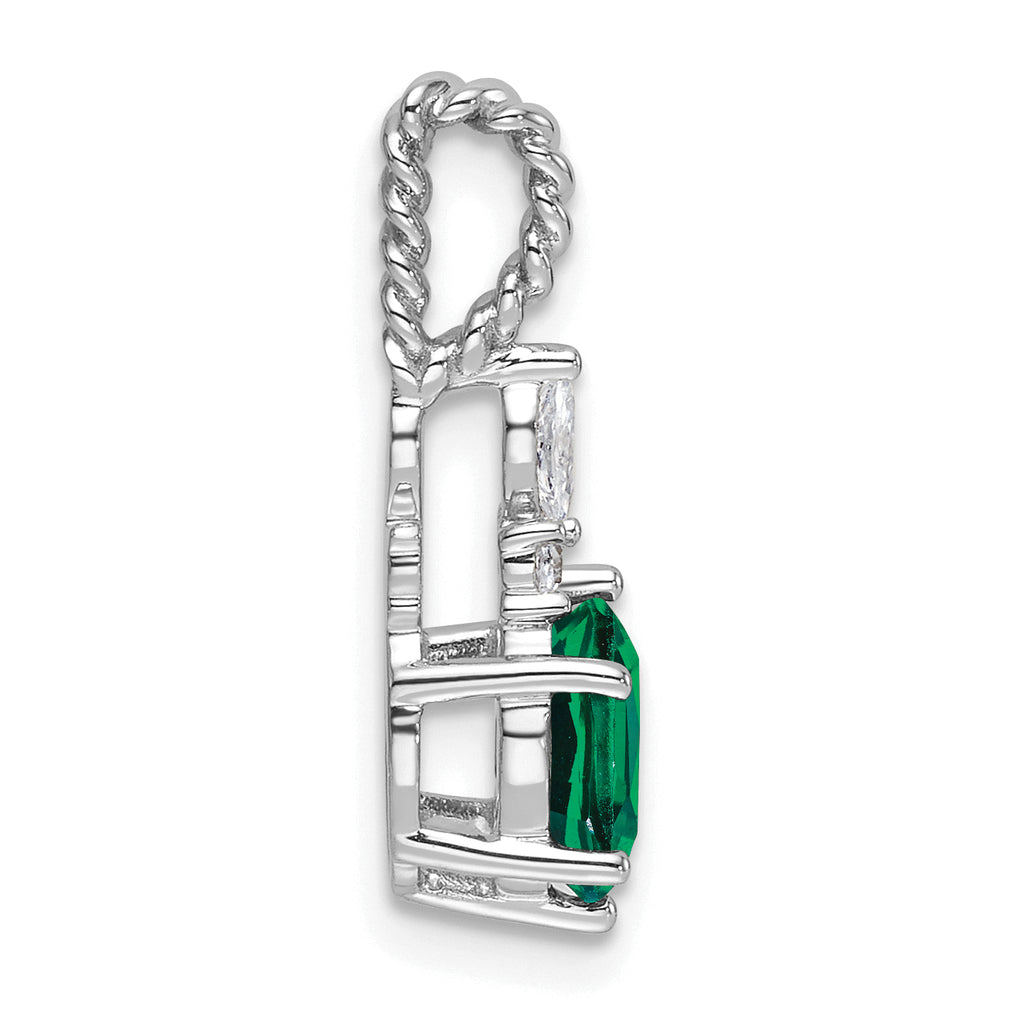 14K White Gold Polish Diamond and Lab Created Emerald Twisted Chain Slide