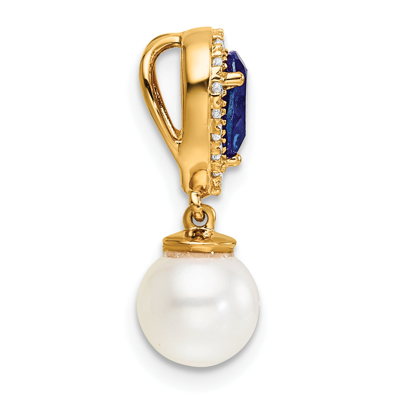 14K Polished Diamond Pearl and Sapphire Teardrop Chain Slide
