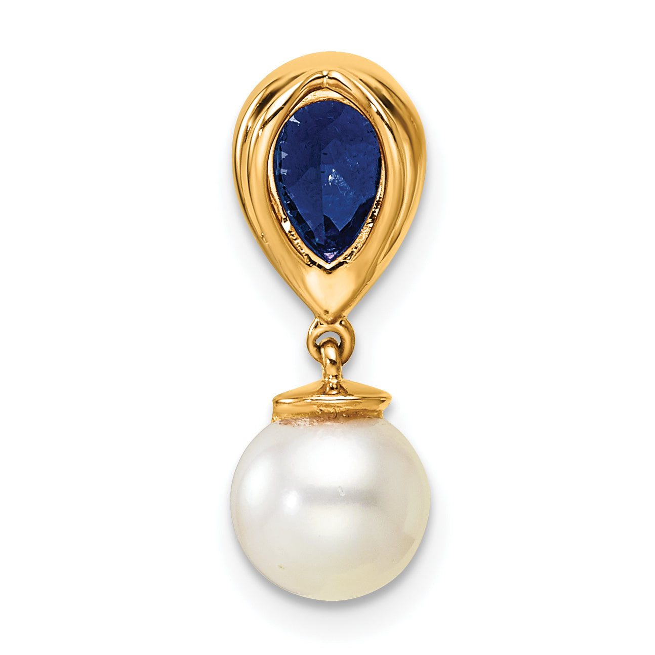 14K Polished Diamond Pearl and Sapphire Teardrop Chain Slide