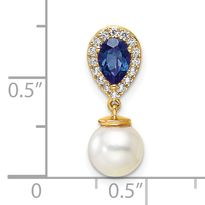 14K Polished Diamond Pearl and Sapphire Teardrop Chain Slide