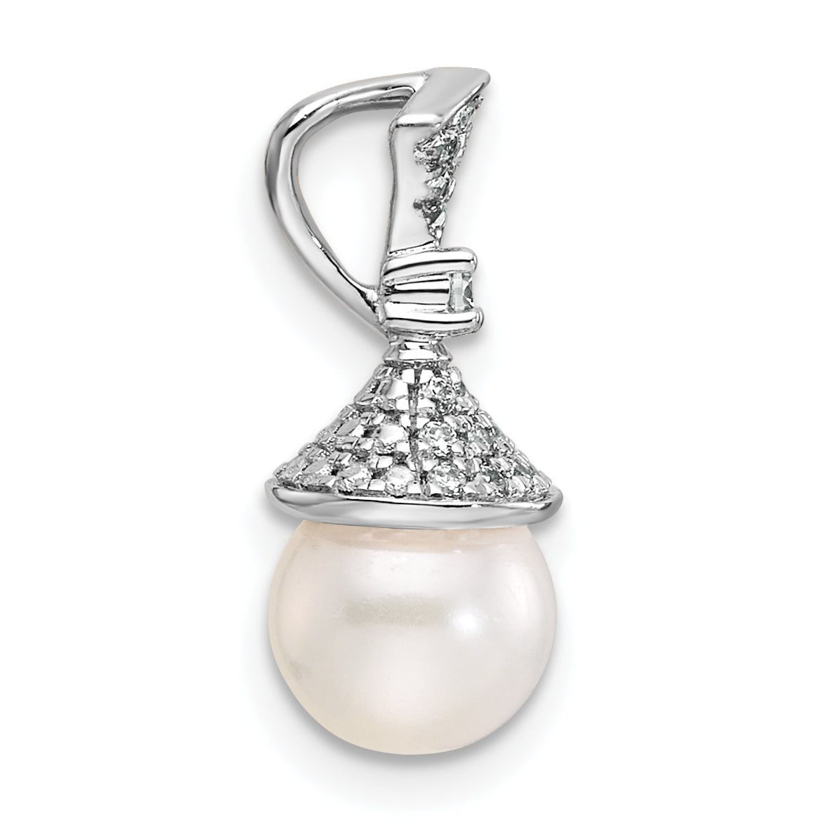 14K White Gold Polished 1/8 carat Diamond and White Freshwater Cultured Pearl Chain Slide Secondary image
