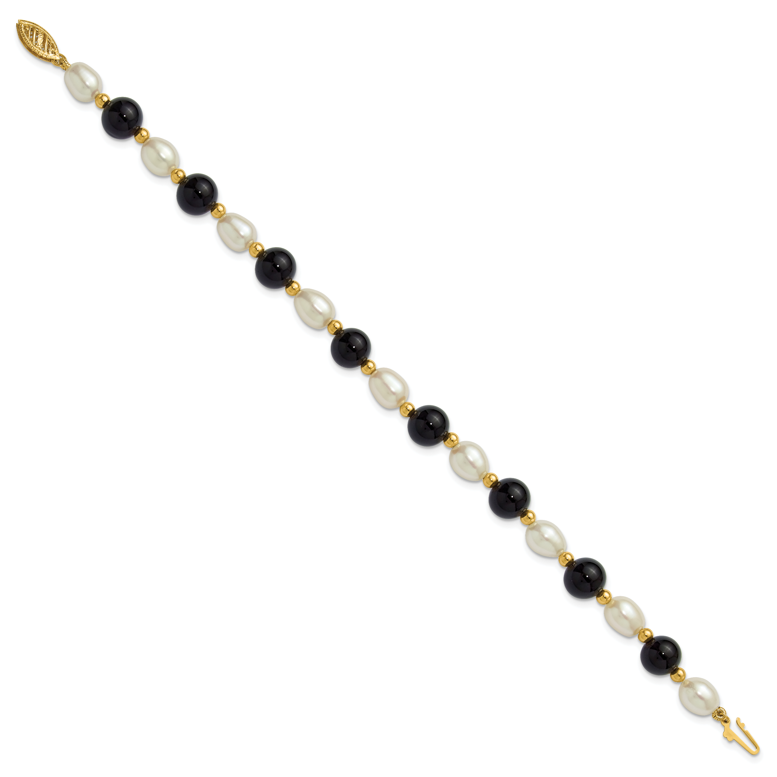 14k 6-7mm White Rice Freshwater Cultured Pearl and Onyx Beaded 8 inch Bracelet Secondary image