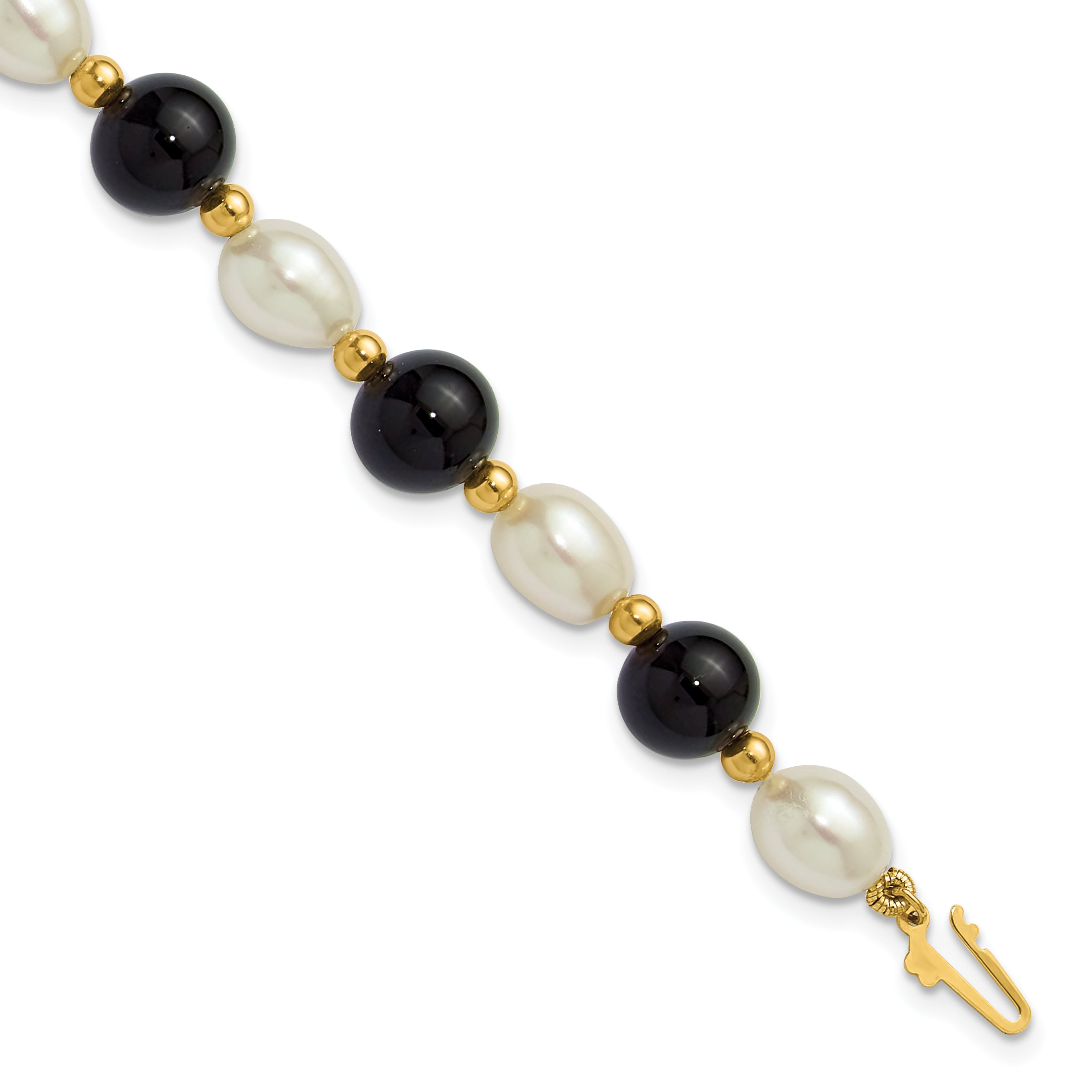 14k 6-7mm White Rice Freshwater Cultured Pearl and Onyx Beaded 8 inch Bracelet Main image