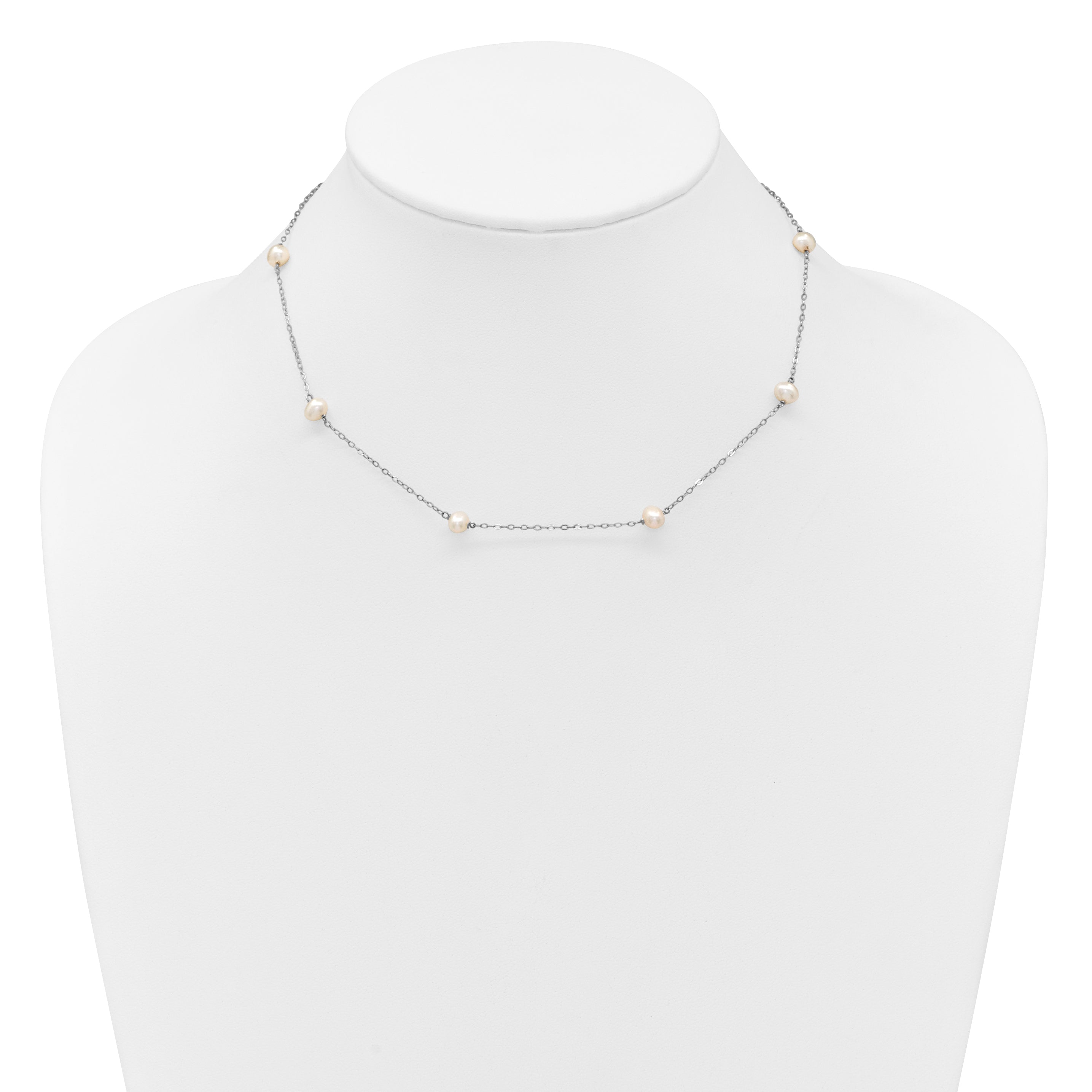 14K White Gold 4-5mm White Near Round Freshwater Cultured Pearl 8-station 18 inch Necklace
