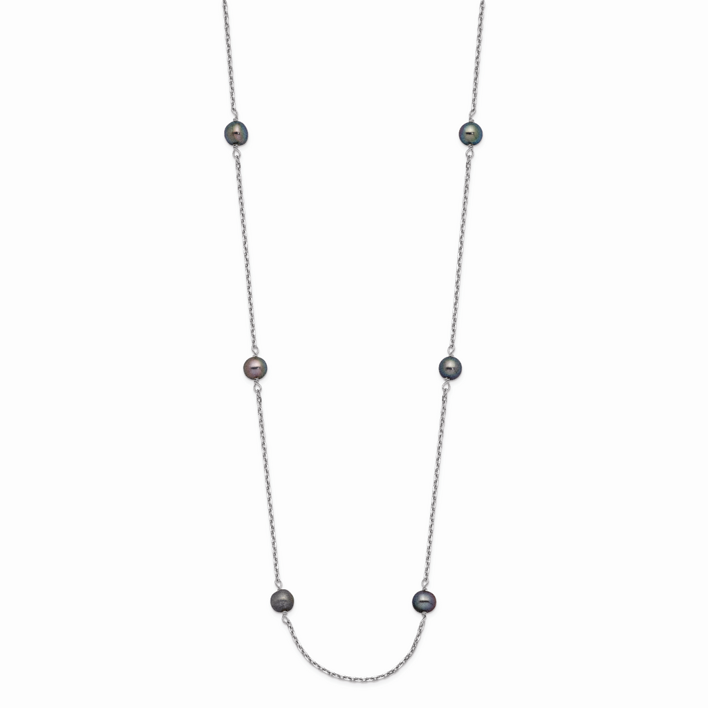 14k White Gold 4-5mm Black Near-Round Freshwater Cultured Pearl 8-Station Necklace