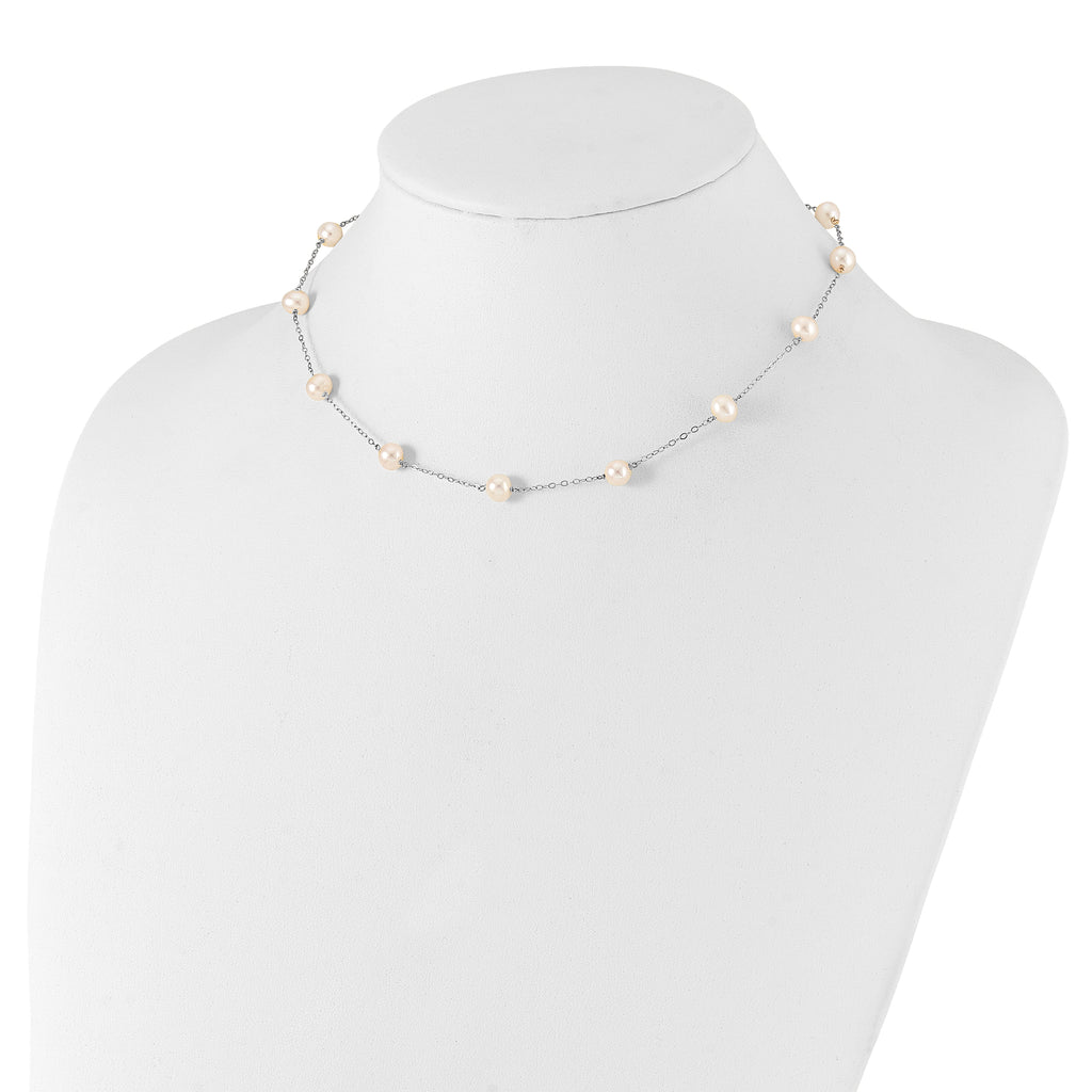 14k White Gold 5.5-6.5mm Near Round White Freshwater Cultured Pearl 12-station Necklace
