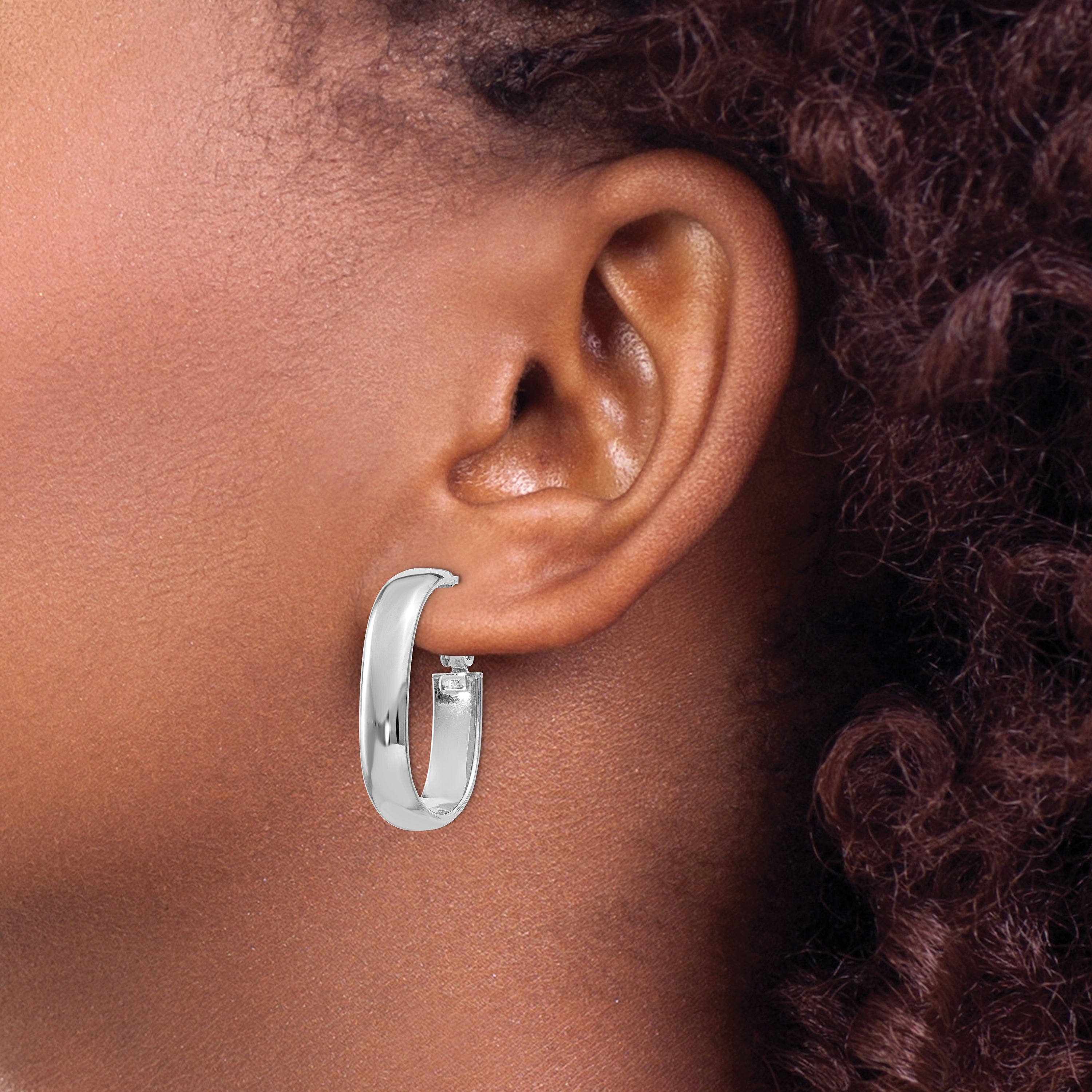 14k 5.75mm White Gold Oval Omega Back Hoop Earrings