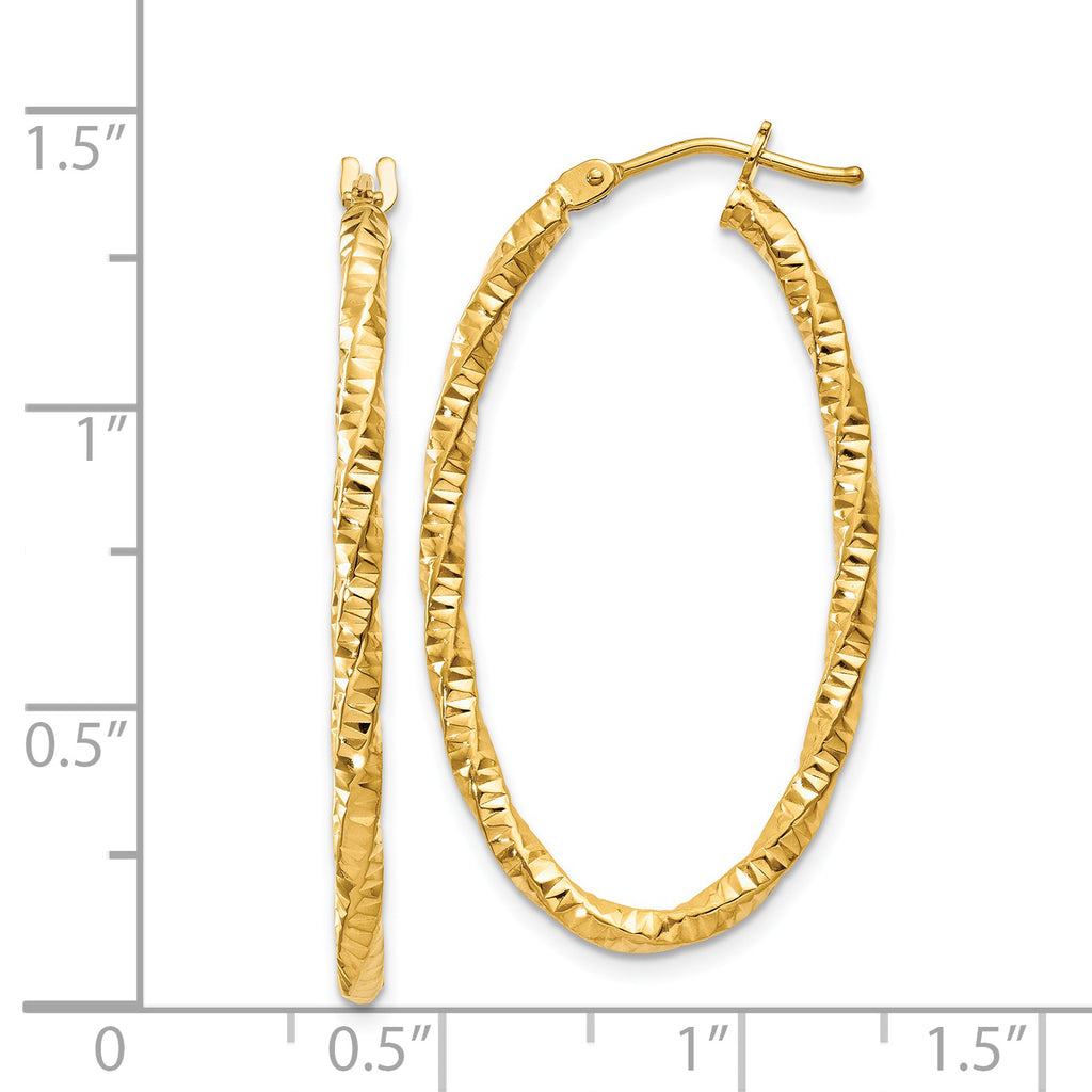 14ky 2mm Diamond-cut Oval Hoop Earrings